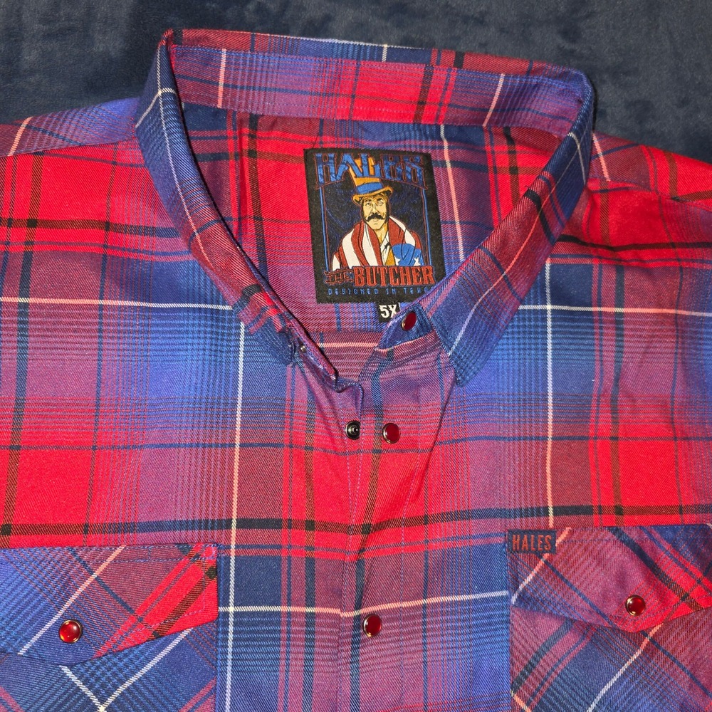Hales The Butcher Mens 5XL Red Blue Plaid Short Sleeve Flannel Button Down Shirt